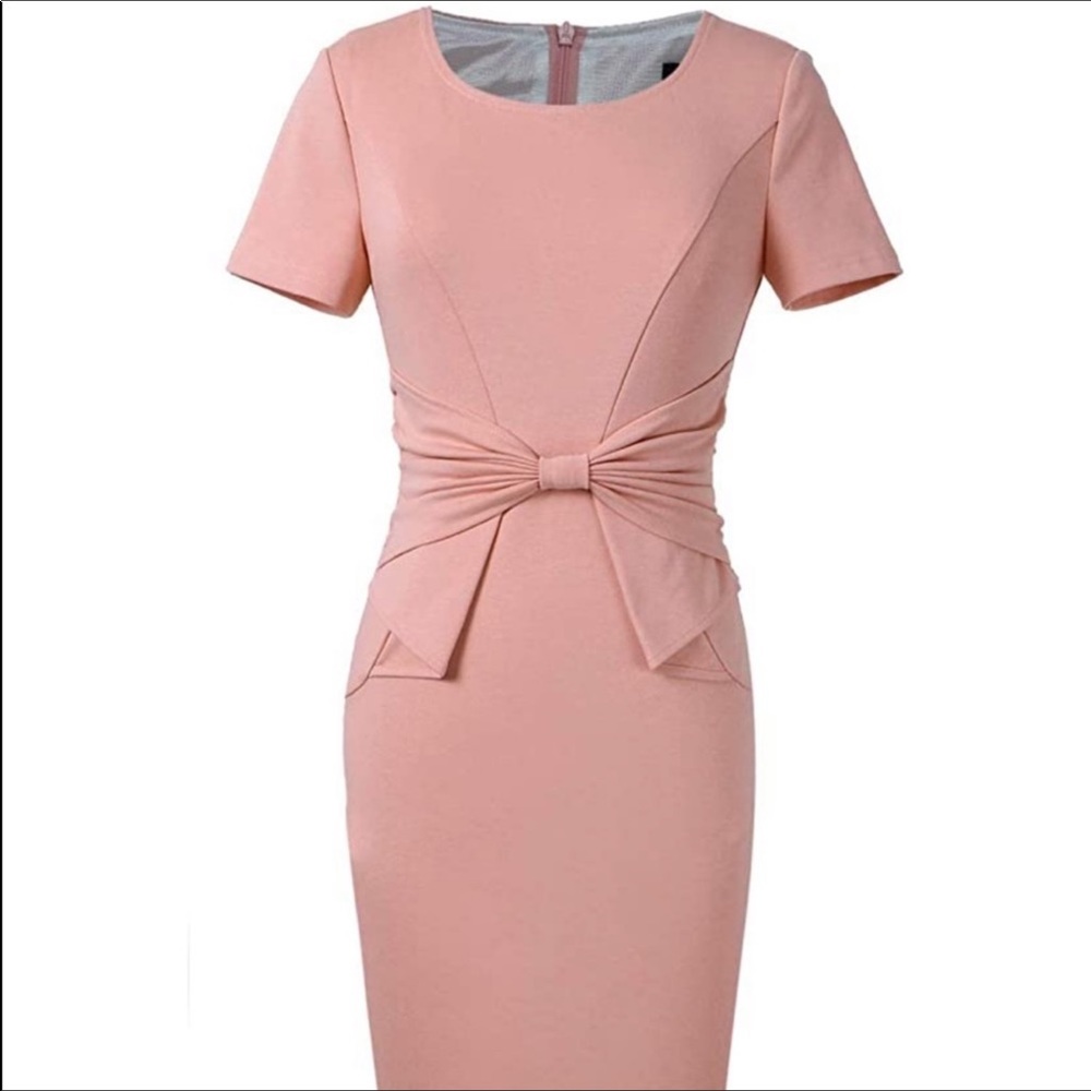 NWT bow pleat waist sheath vintage blush dress Med - Picture 5 of 10
